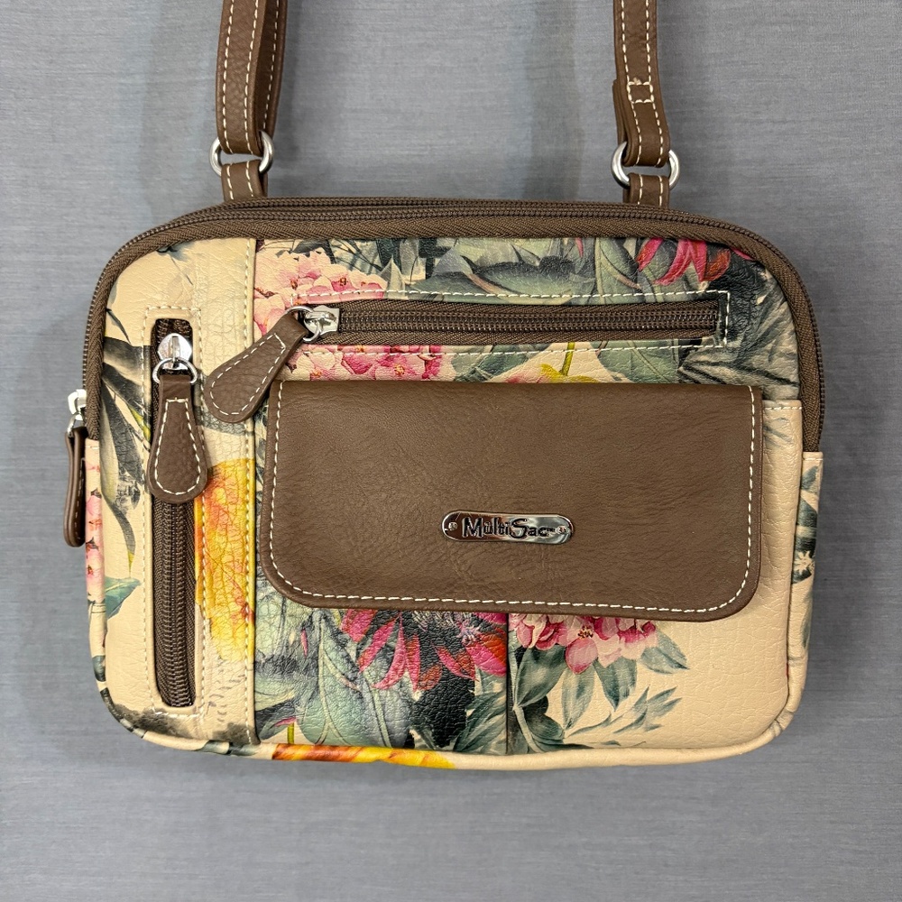 Multisac Multi Compartment Zippy Crossbody Purse Bag Valencia Floral Brown - Picture 2 of 16